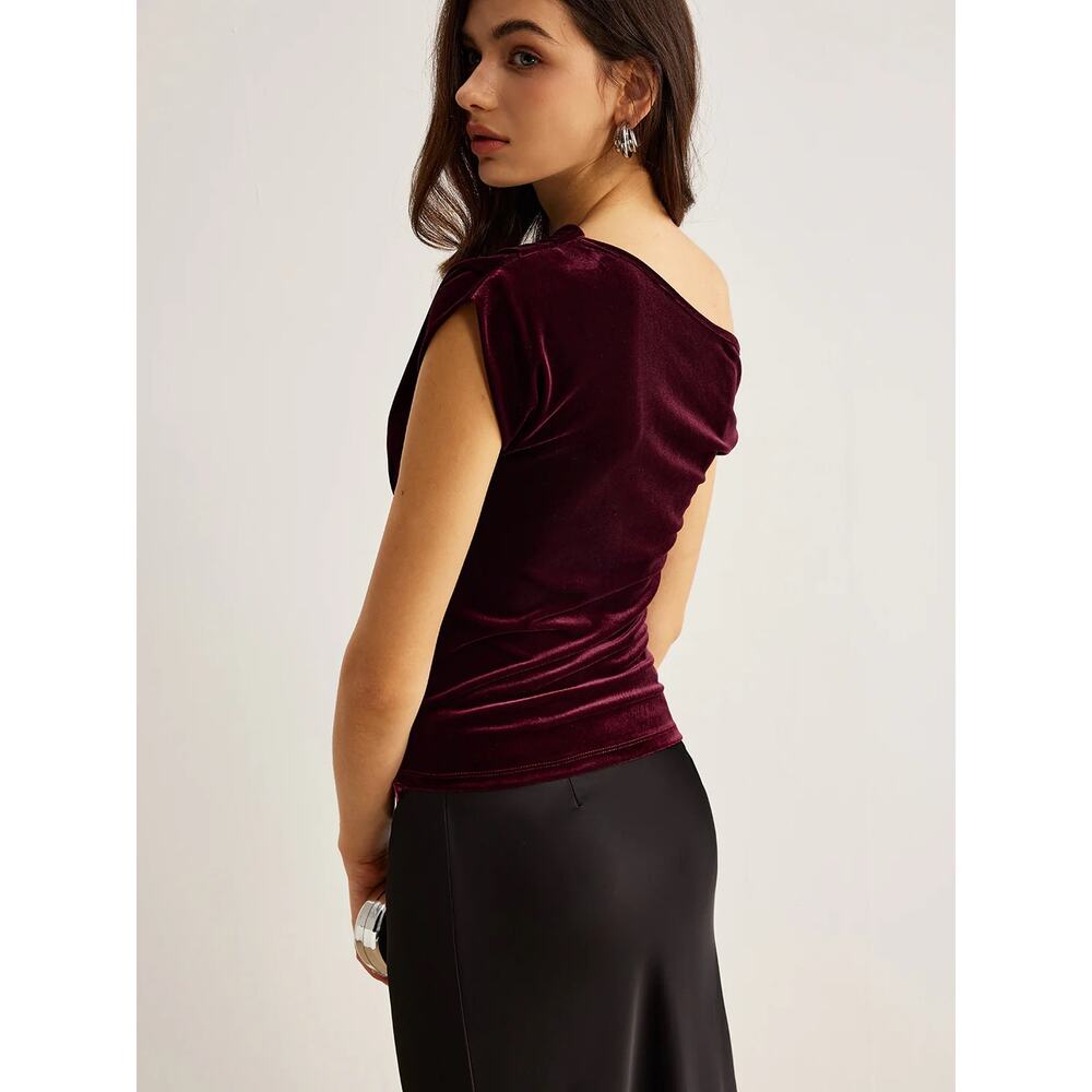 Commense Burgundy Velvet Asymmetrical Pleated Top Size L One Shoulder
 Party - Picture 4 of 6